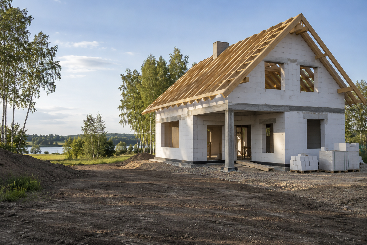 Dom murowany w trakcie budowy z widoczną więźbą dachową – ilustracja